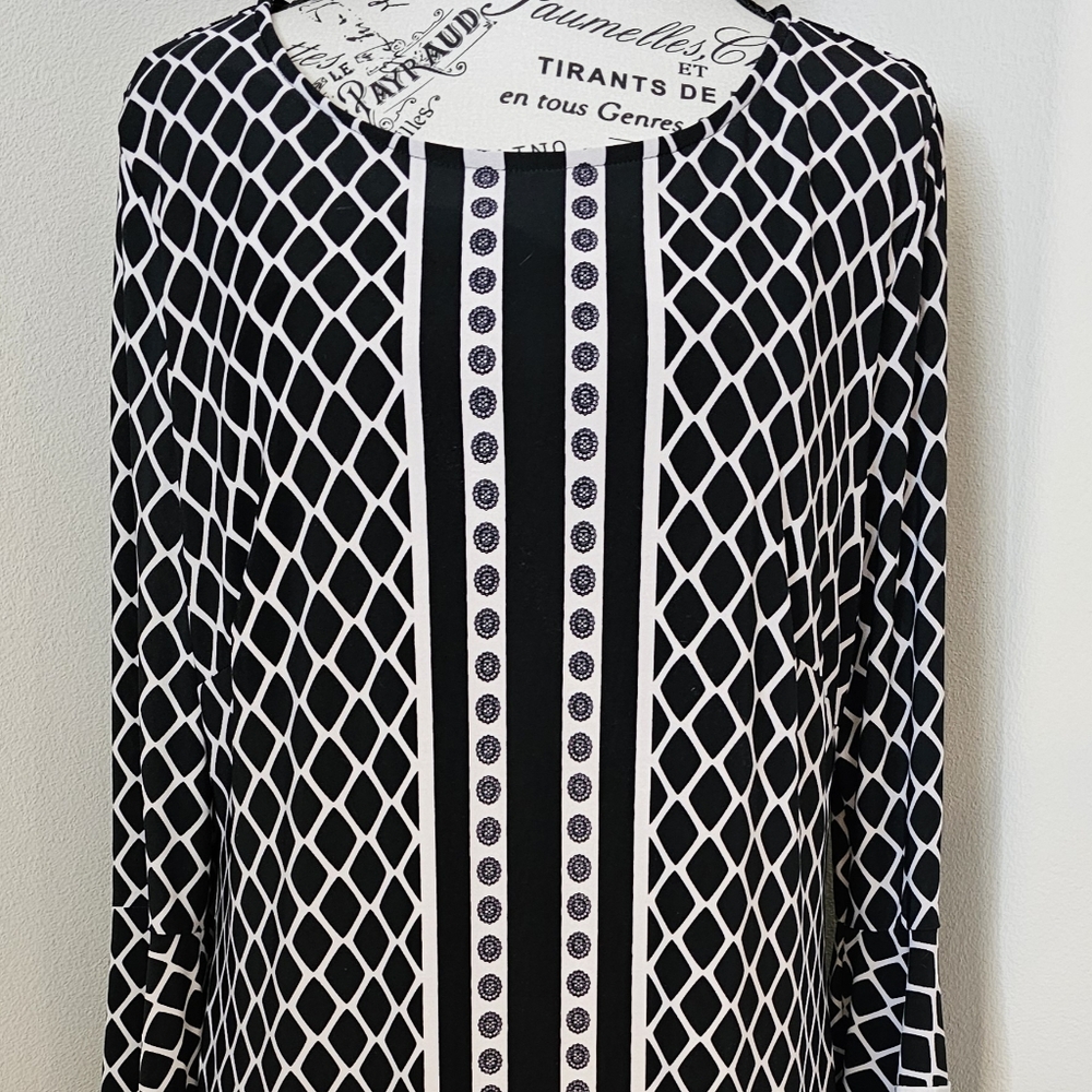 INC International Concepts Black & White Lattice-Print Long Sleeve Dress